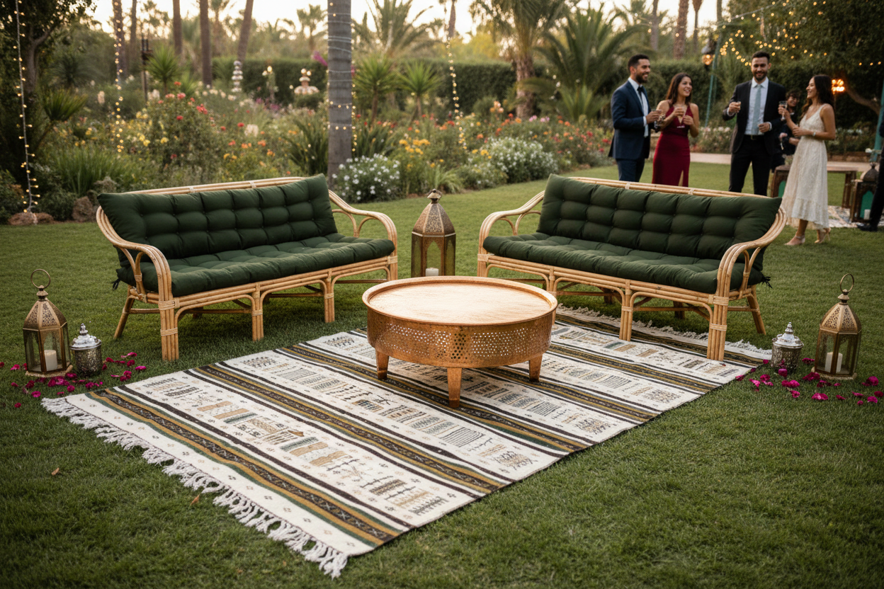 Mariage marocain en jardin avec canapés verts