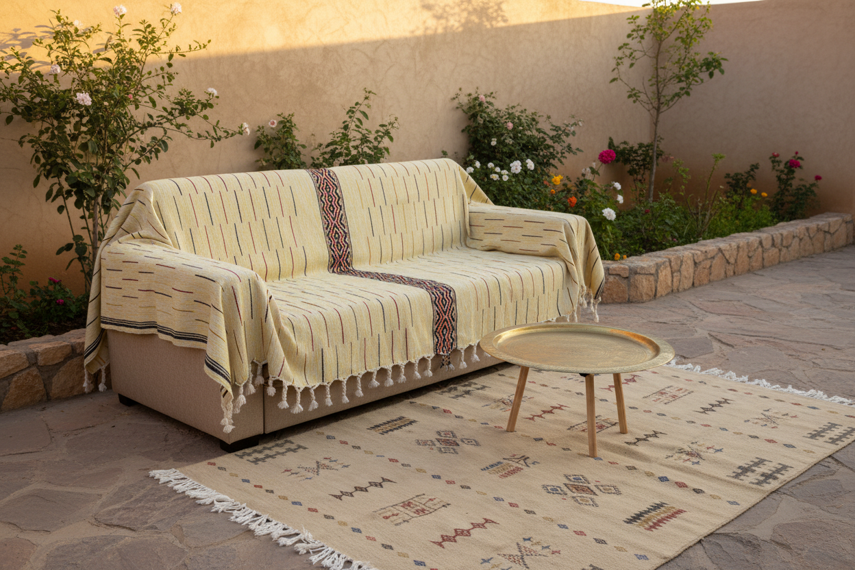 Scène avec tapis à pompons blancs