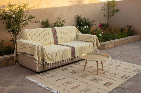 Scène avec tapis à pompons blancs
